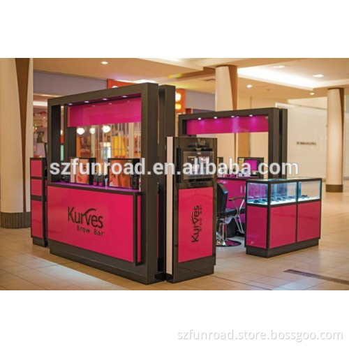 Modern store design eyebrow threading kiosk with display cabinets for cosmeitc